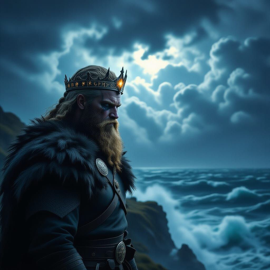 Viking Warrior on Cliff Overlooking Stormy Sea