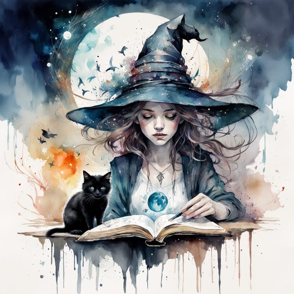 Whimsical Witch Studying Spells Under Moonlight