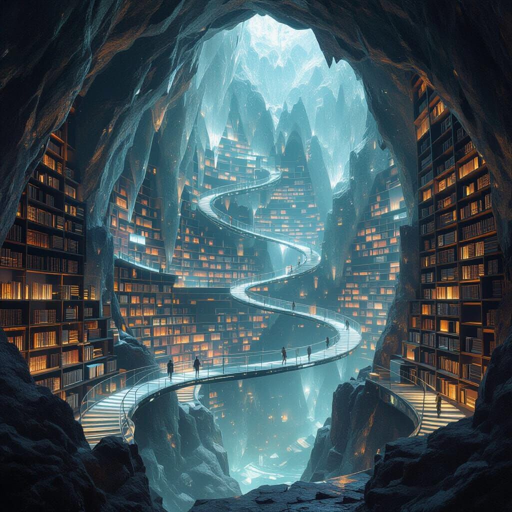 Crystal Cavern Library: A Fantasy Realism Scene