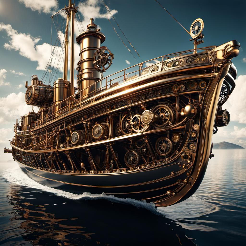 Intricate Steampunk Boat with Polished Metal Engine