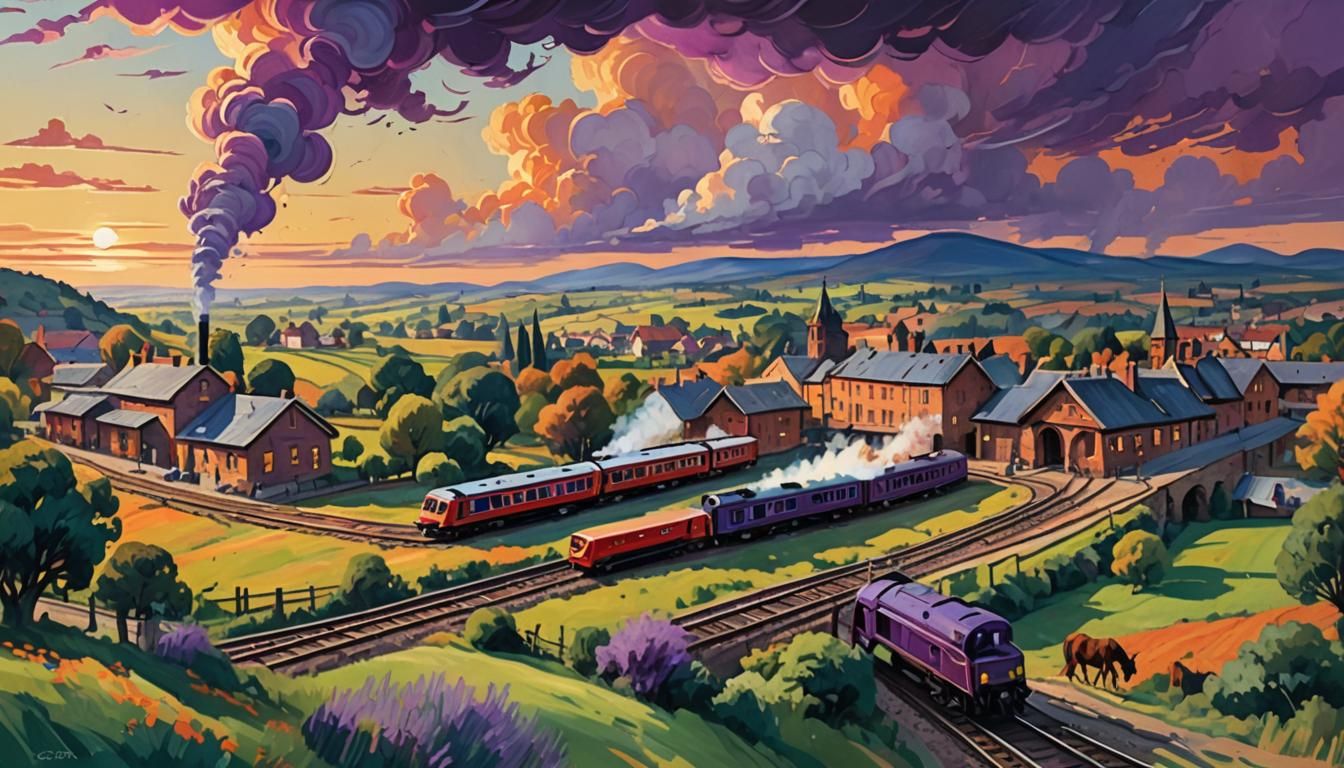 Fauvist Train Hurtles Through Colorful Countryside