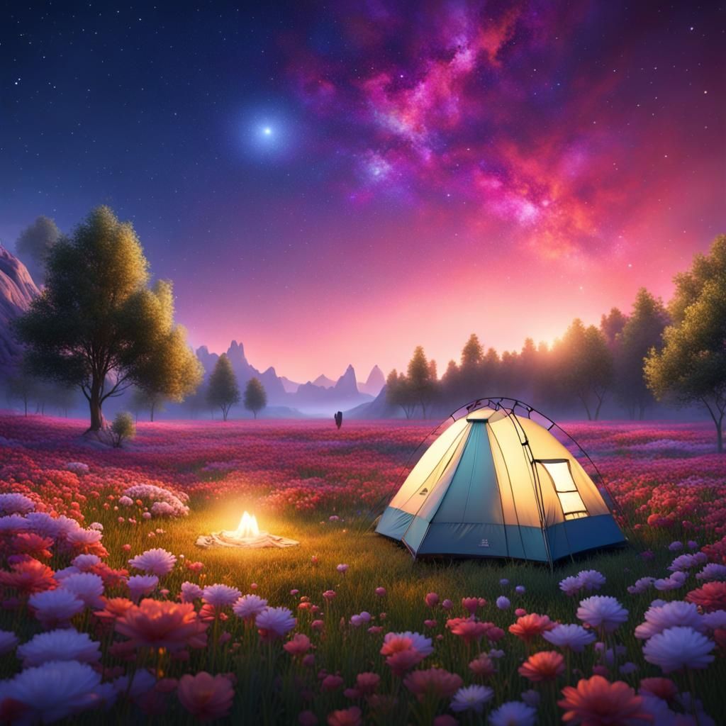 Colorful Starry Sky Over Flower Field Camping