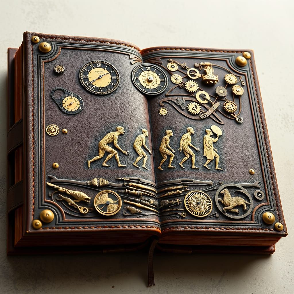 Evolution Book with Clockwork Mechanisms in Retro-Futuristic...