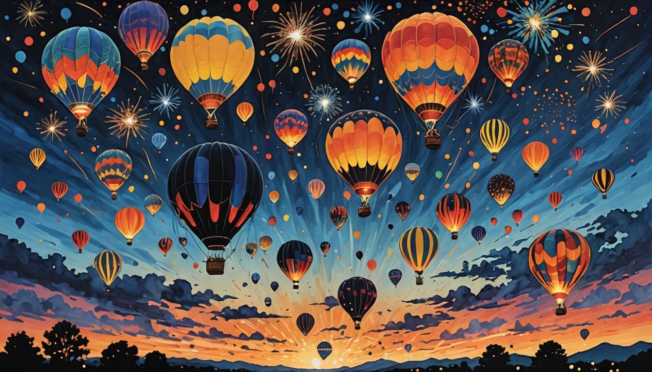 Hot Air Balloons and Fireworks in Abstract Twilight Sky
