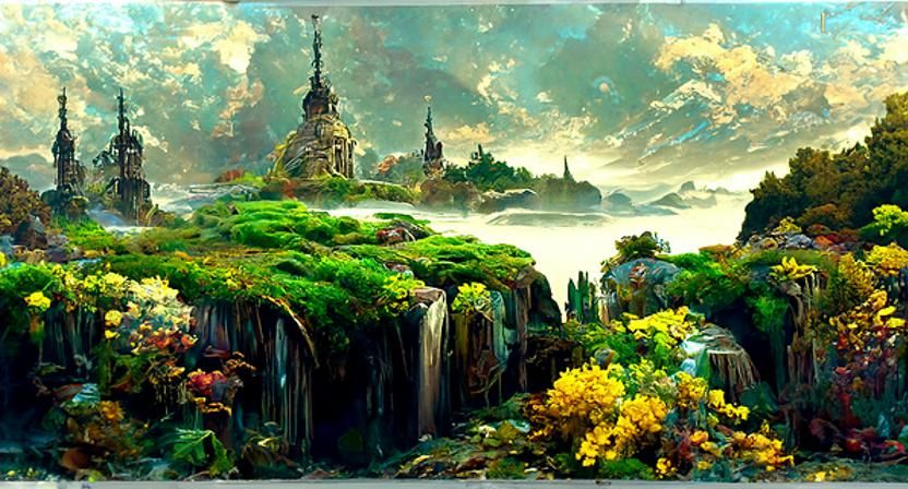 Castle covered in vines and moss and wild flowers by John William Waterhouse