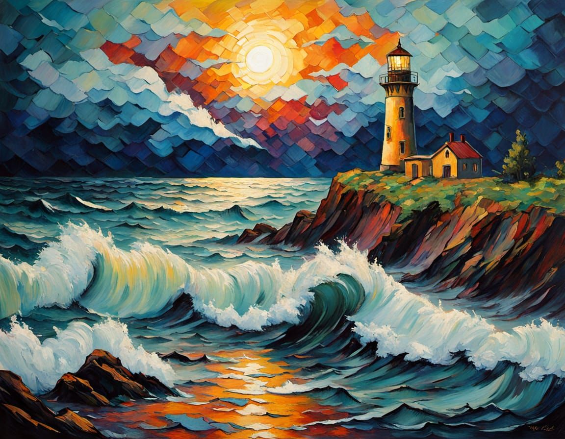 Stormy Twilight Lighthouse: an Expressionist Oil Painting