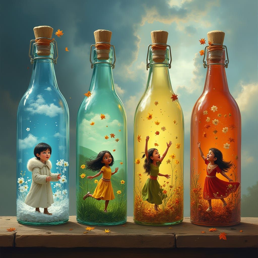 Vibrant Glass Bottles Containing the Four Seasons in Fantasy...