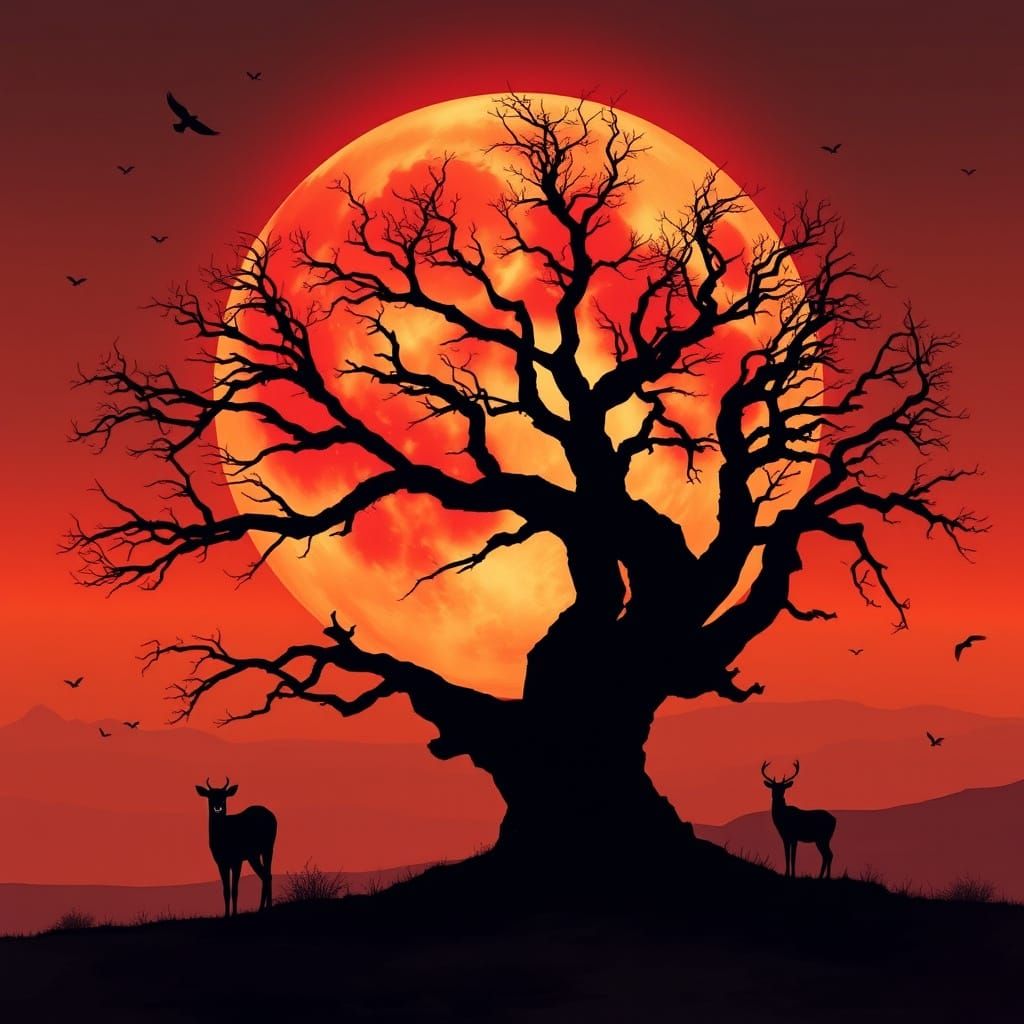 Fiery Red Moon With Earth Tree and Deer Silhouettes
