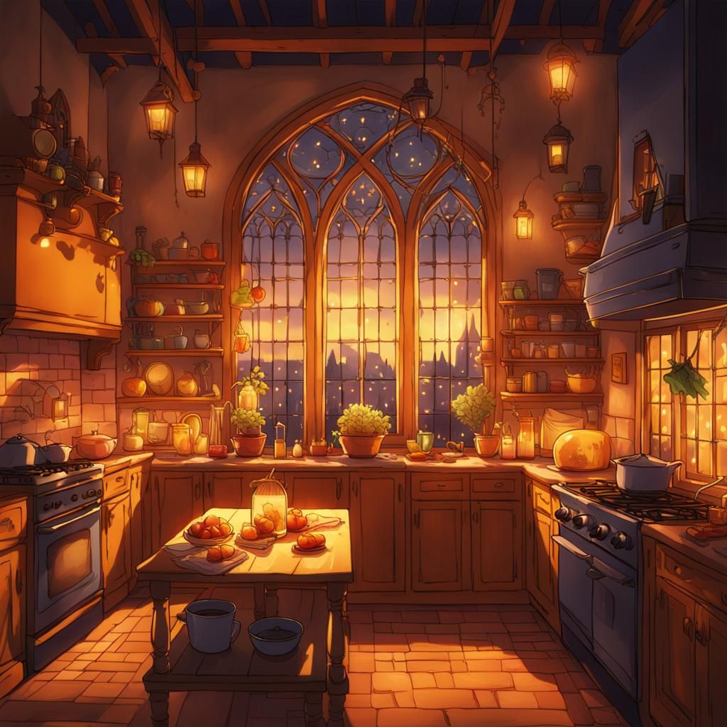 Cozy Gothic Kitchen at Night in Anime Style
