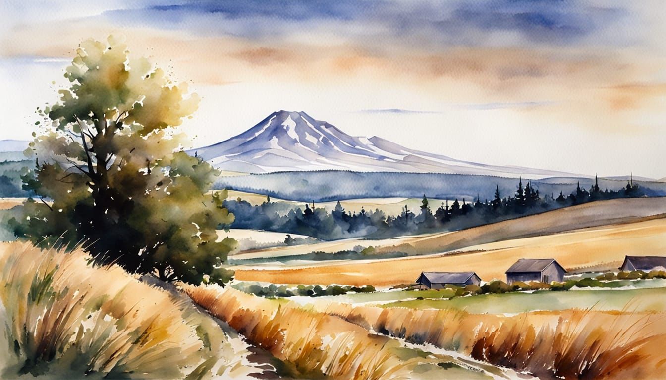 Impressionistic Wet Wash Watercolor of Yakima Valley Landsca...