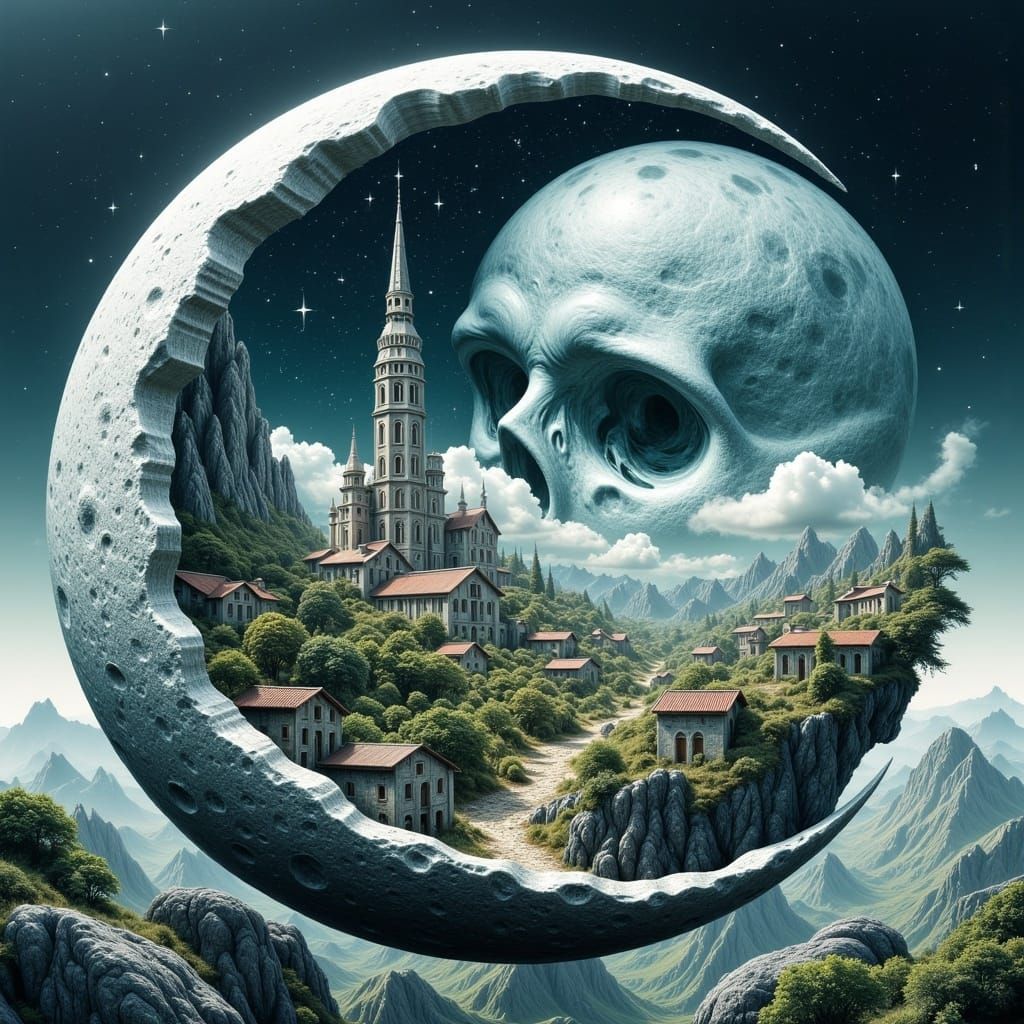 Surreal Silver Tower Inside Crescent Moon