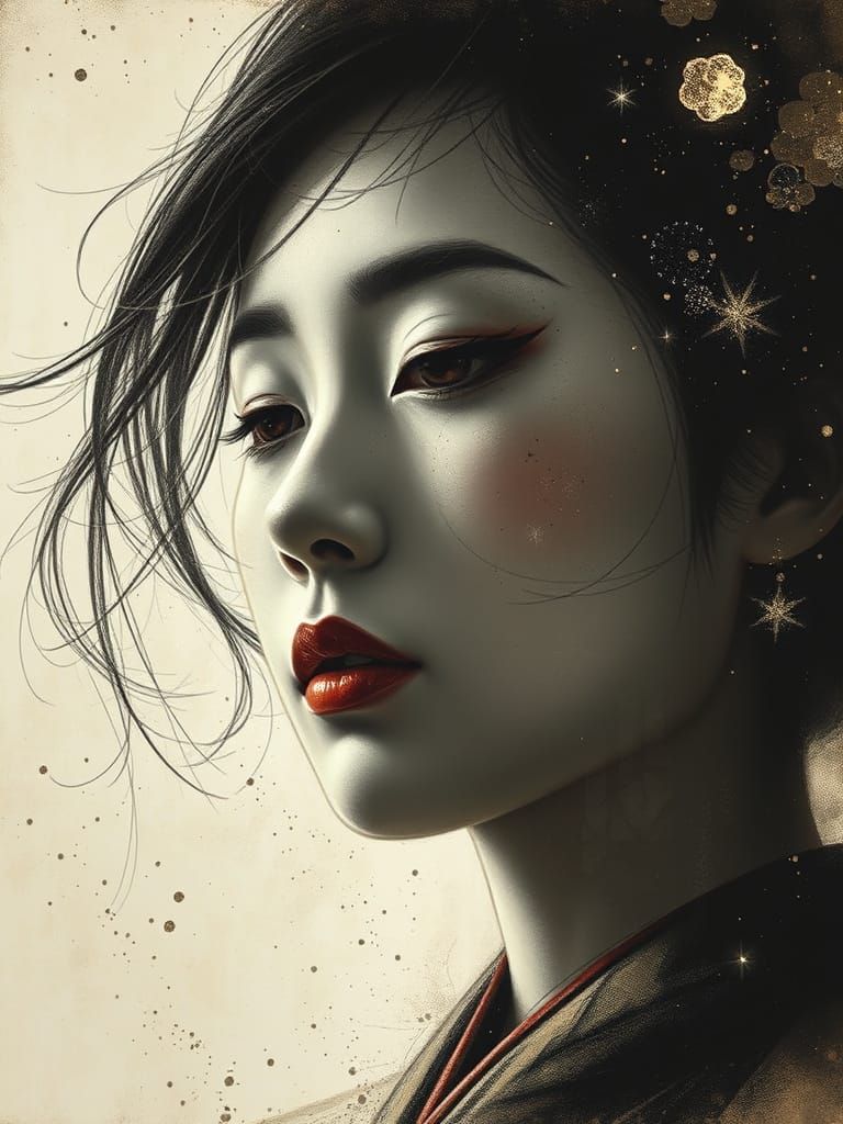 Ethereal Geisha Portrait in Abstract Expressionist Style