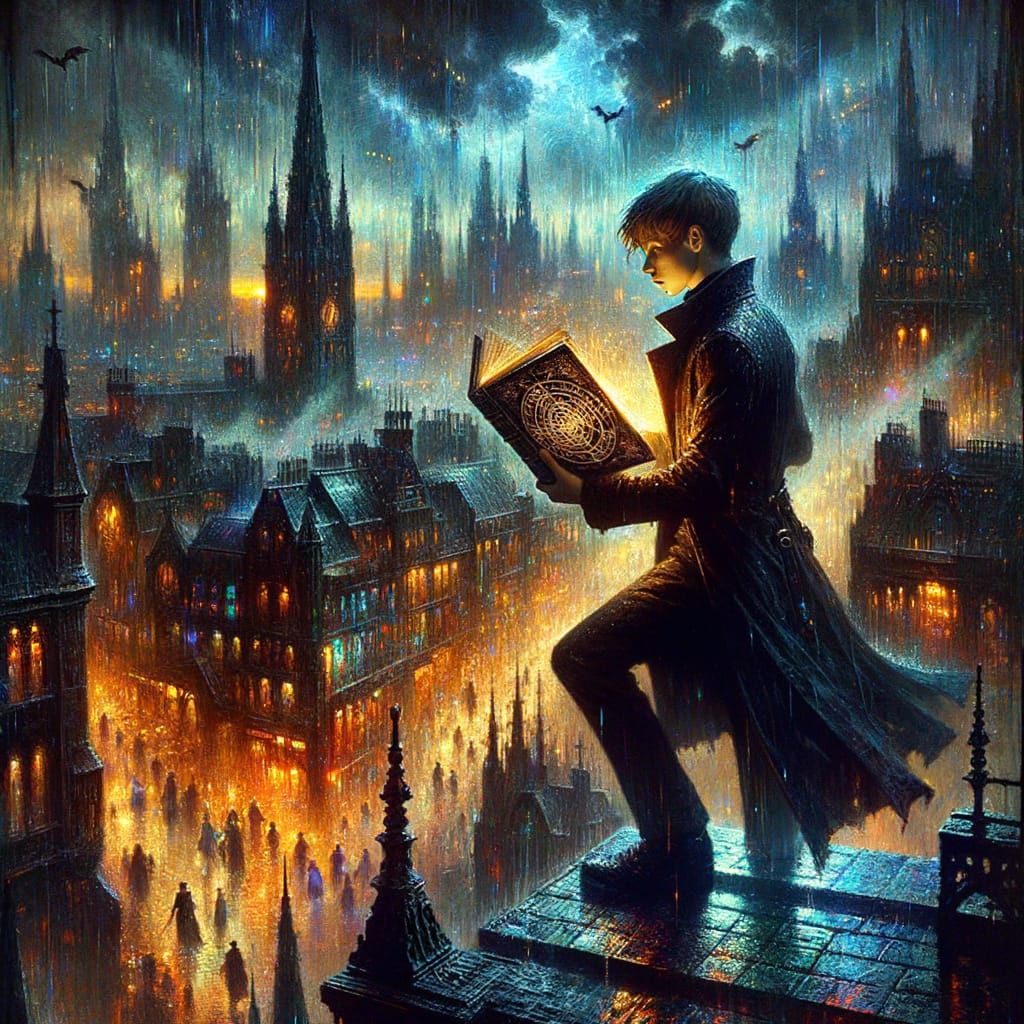 Neon City Sorcerer with Ancient Grimoire