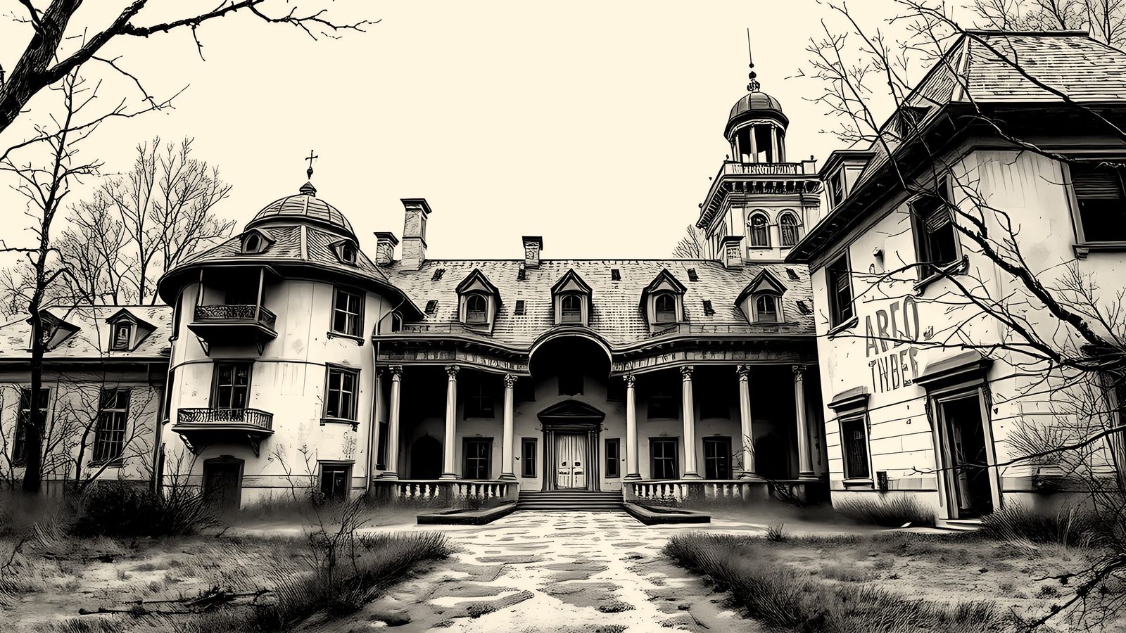 Haunted Asylum: Detailed Dieselpunk Horror Line Art