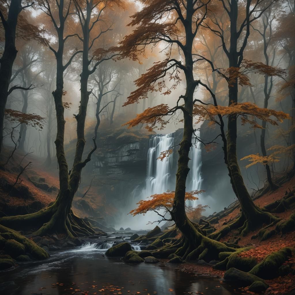 Eerie Waterfall in Misty Autumn Forest