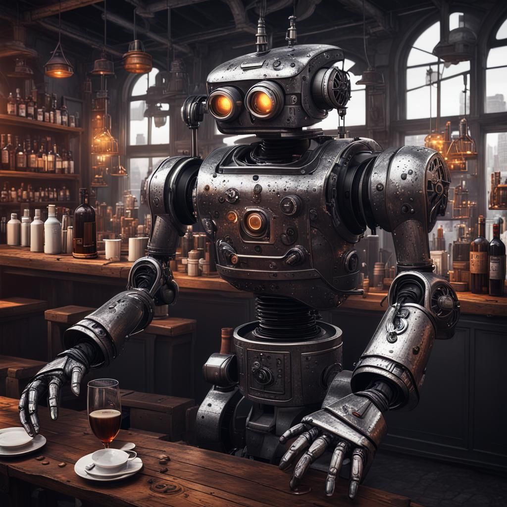 Goth Robot in Coffee Shop: Black and White Concept Art