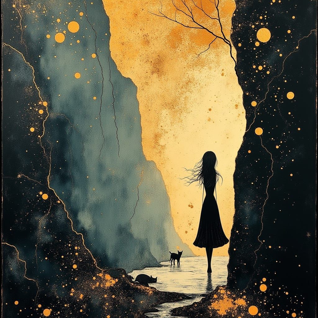 Surreal Goddess Walks Among Shadows in Dreamlike Landscape