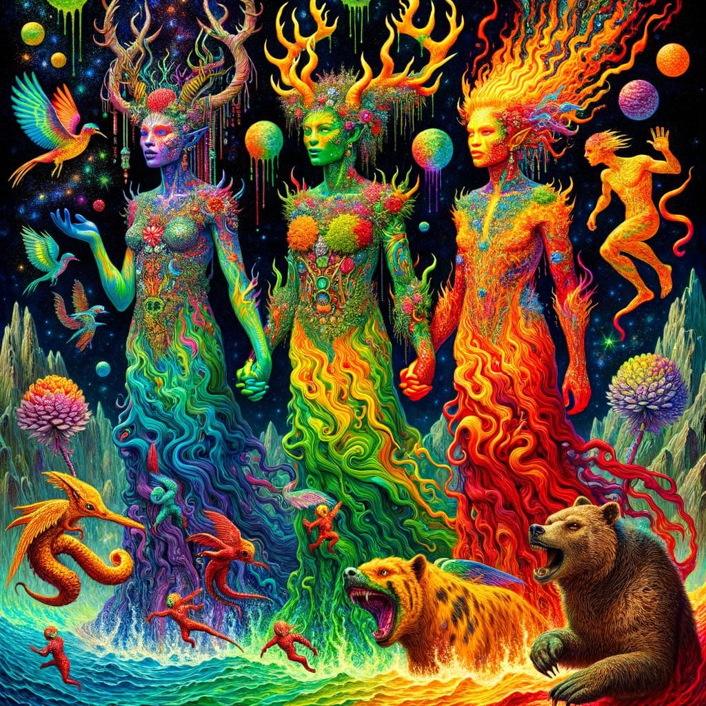 Eerie Satyrs and Hybrid Creature in Psychedelic Alien Landsc...