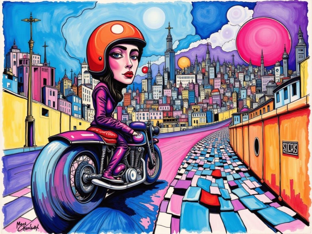 Surreal Motorcycle Racer in Psychedelic Alcohol Ink Style