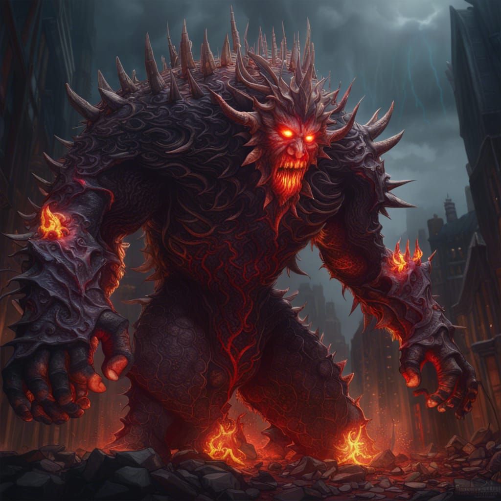 Blood-Soaked Giant with Lightning Arms in Fantasy Art