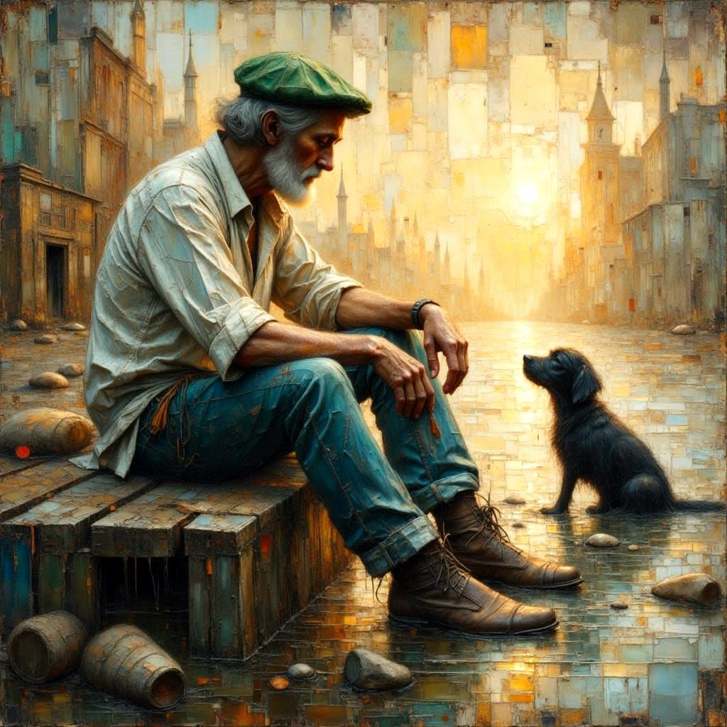 Fisherman and Dog in Watercolor Impasto Style