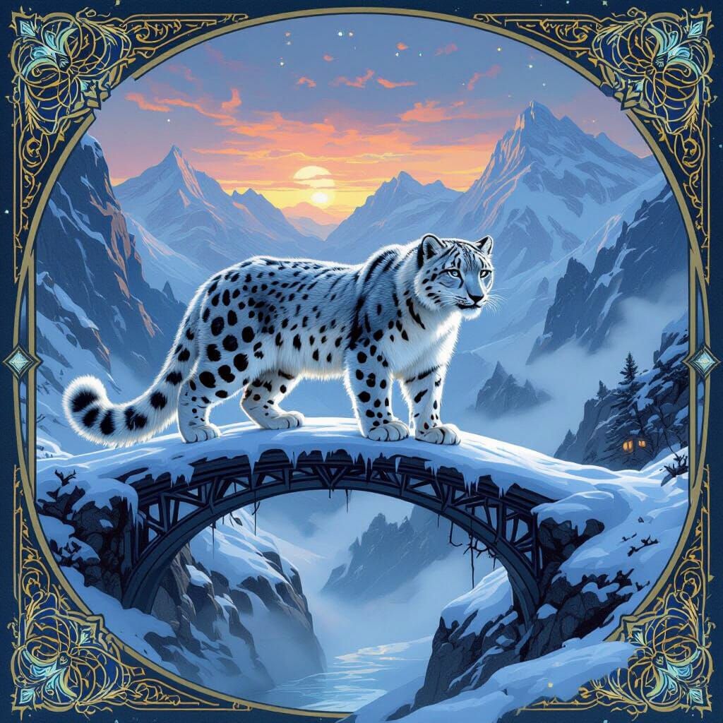 Snow Leopard with Tribal Markings in Art Nouveau Style