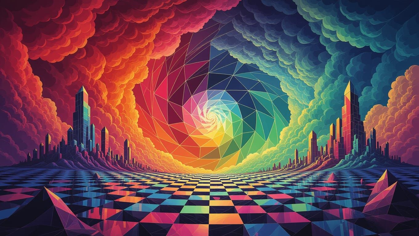 Surreal, Futuristic Cityscape with Geometric Trees and Cloud...