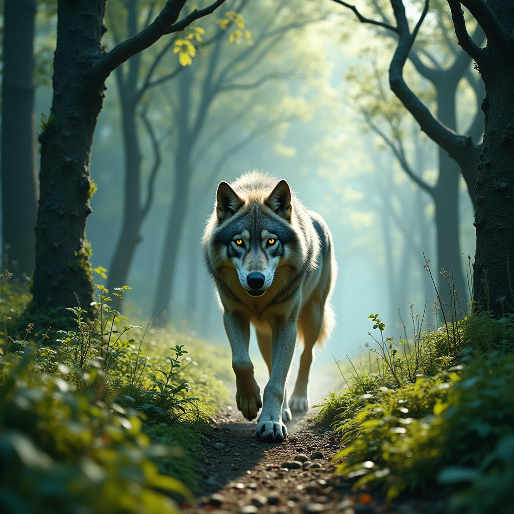 Wolf Running Through Emerald Forest