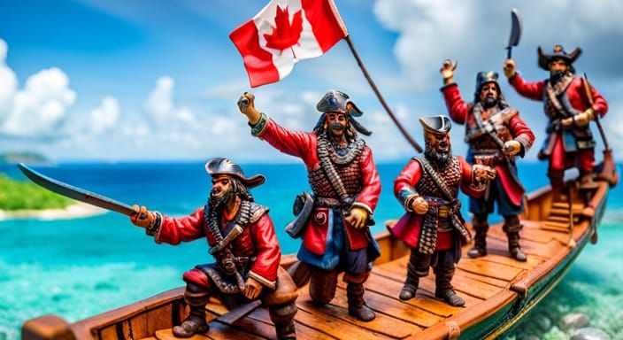 Pirate Miniatures Waving Canadian Flag on Longboat