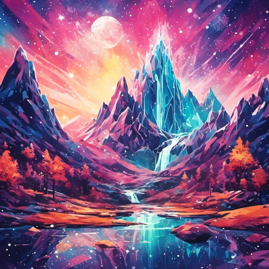 Cosmic Waterfall Flowing Through Majestic Mountains