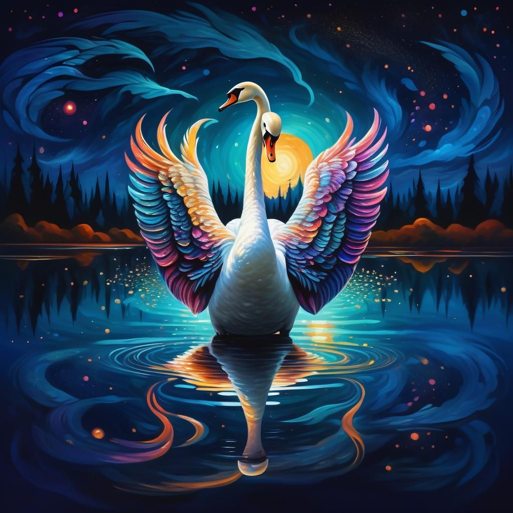 Angry Swan on Cosmic Night: Surreal Oil Painting