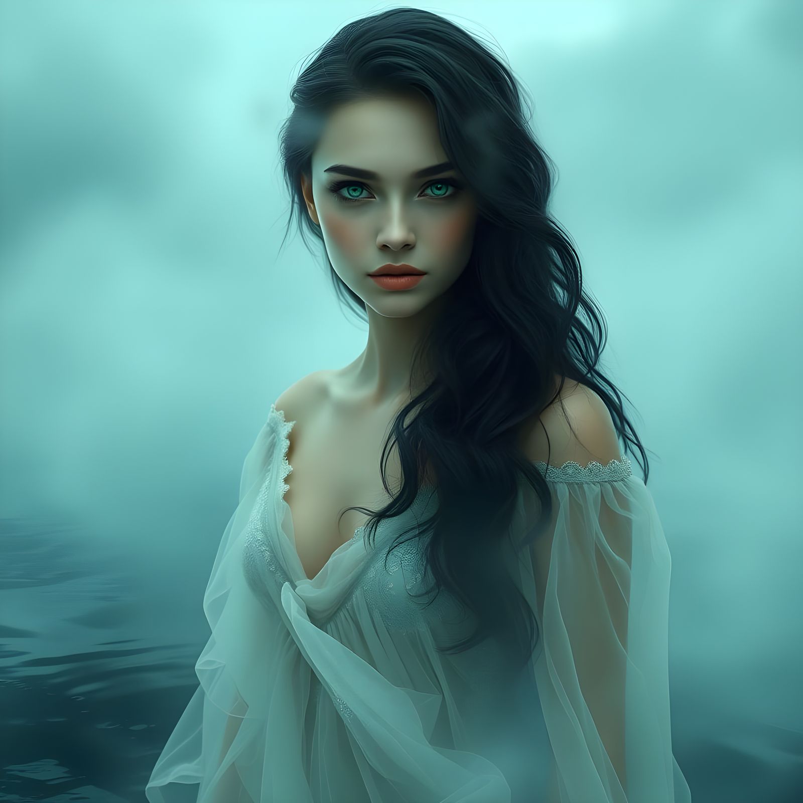 Ethereal Fantasy Woman in Gossamer Dress Amidst Misty Placid