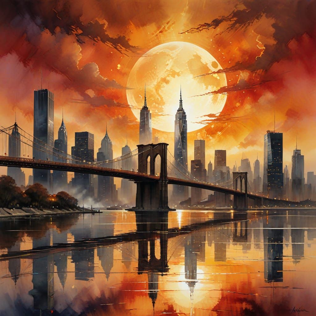 Dreamlike NYC Bridge in Vibrant Sunset Hues