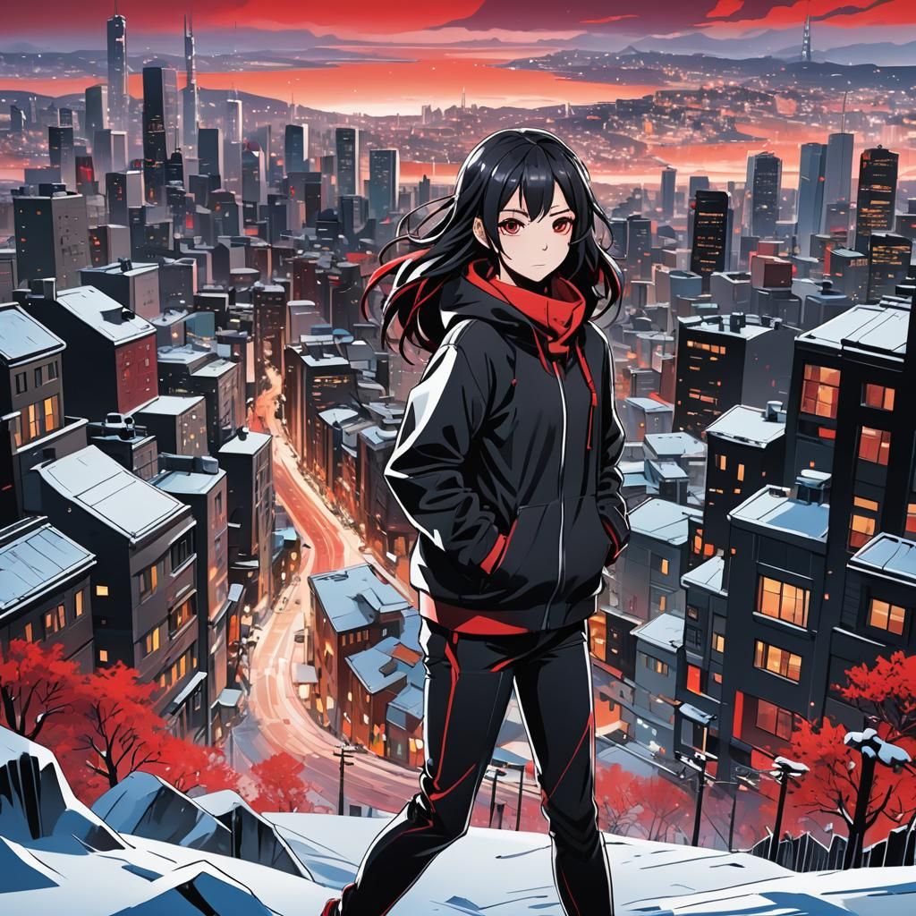 Anime Girl in Snowy Cityscape: Manga Illustration