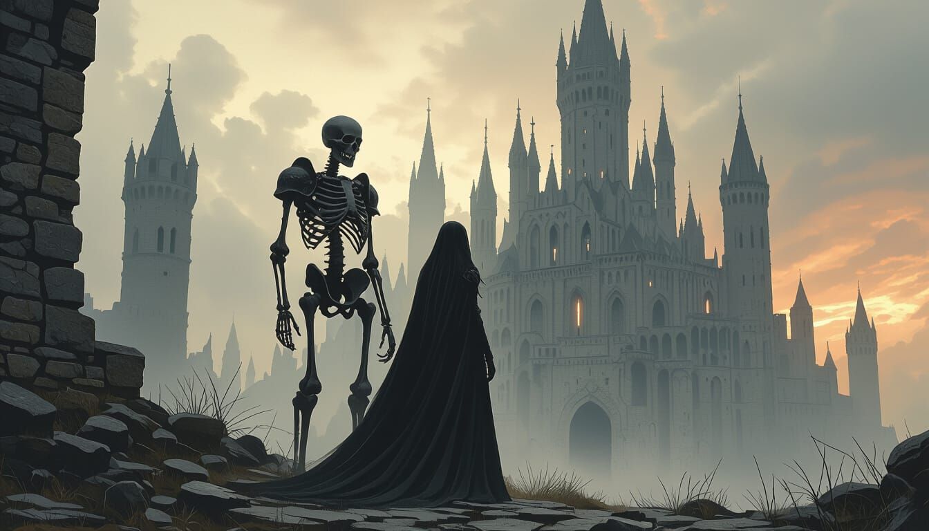 Necromancer Woman with Skeletal Knight, Dark Castle