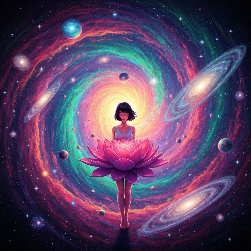 Cosmic Rebirth: Woman Blooms from Nebula Flower