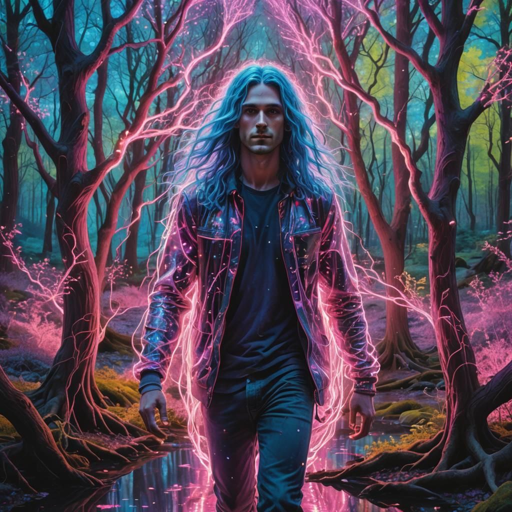 Luminescent Blue-Haired Man in Neon Forest