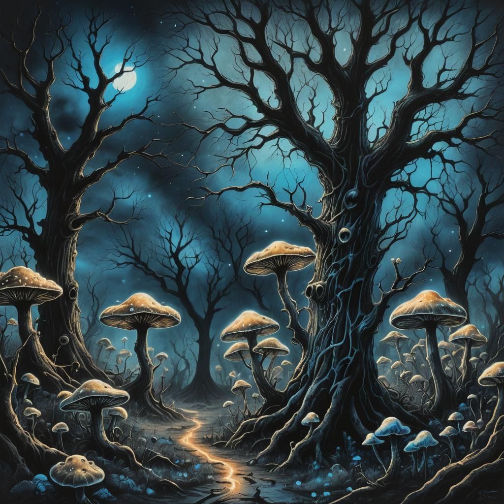 Mystical Forest with Glowing Mushrooms in Dark Fantasy Style