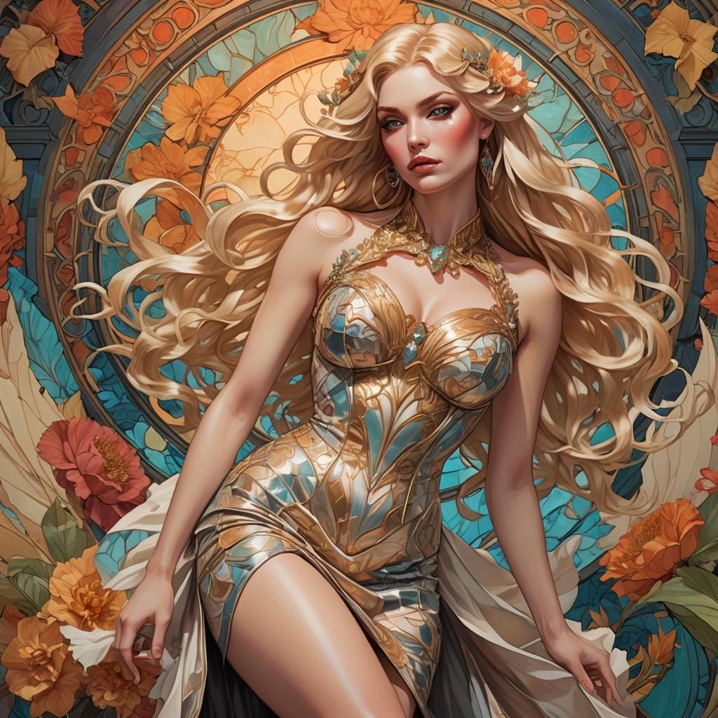 Blonde Pin-Up Girl in Art Nouveau Style