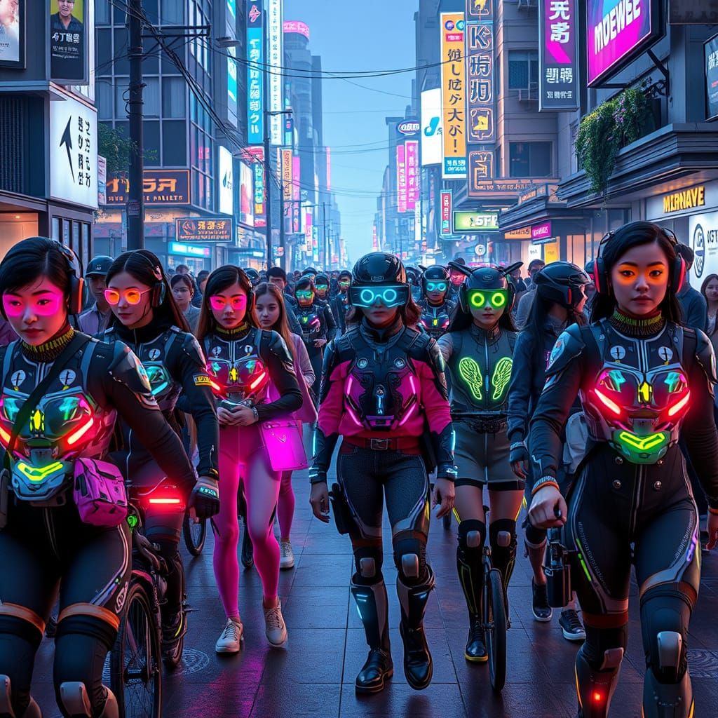 Futuristic Crowd in Neon-Lit Cyberpunk Cityscape