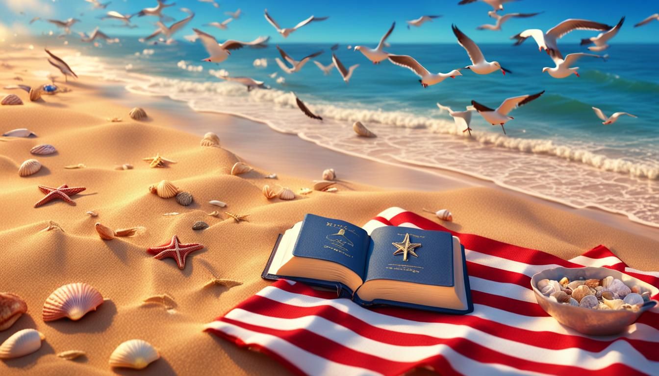 beach scene, sea shells all around, seagulls flying overhead...