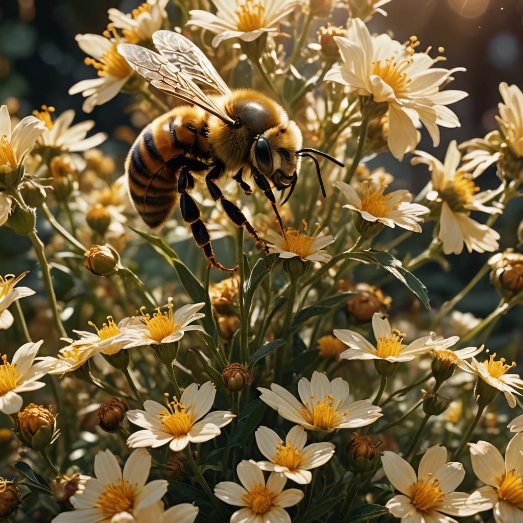 Macro Shot of Fly-Bee Emerging from Flower