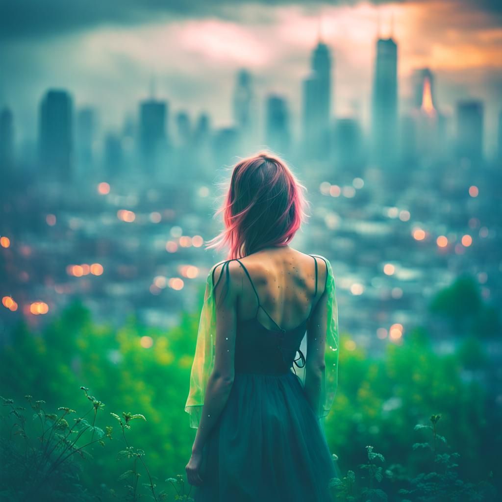 Ethereal Girl Gazes at Misty Cityscape: Double Exposure