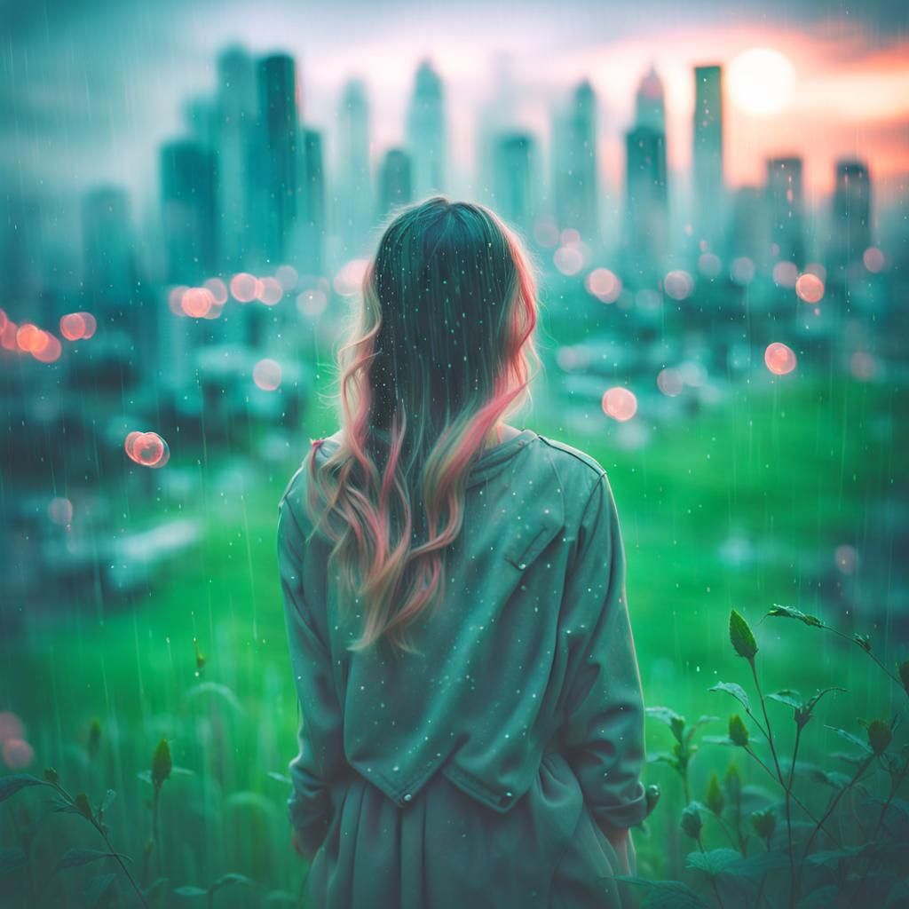 Ethereal Girl in Dreamlike Cityscape
