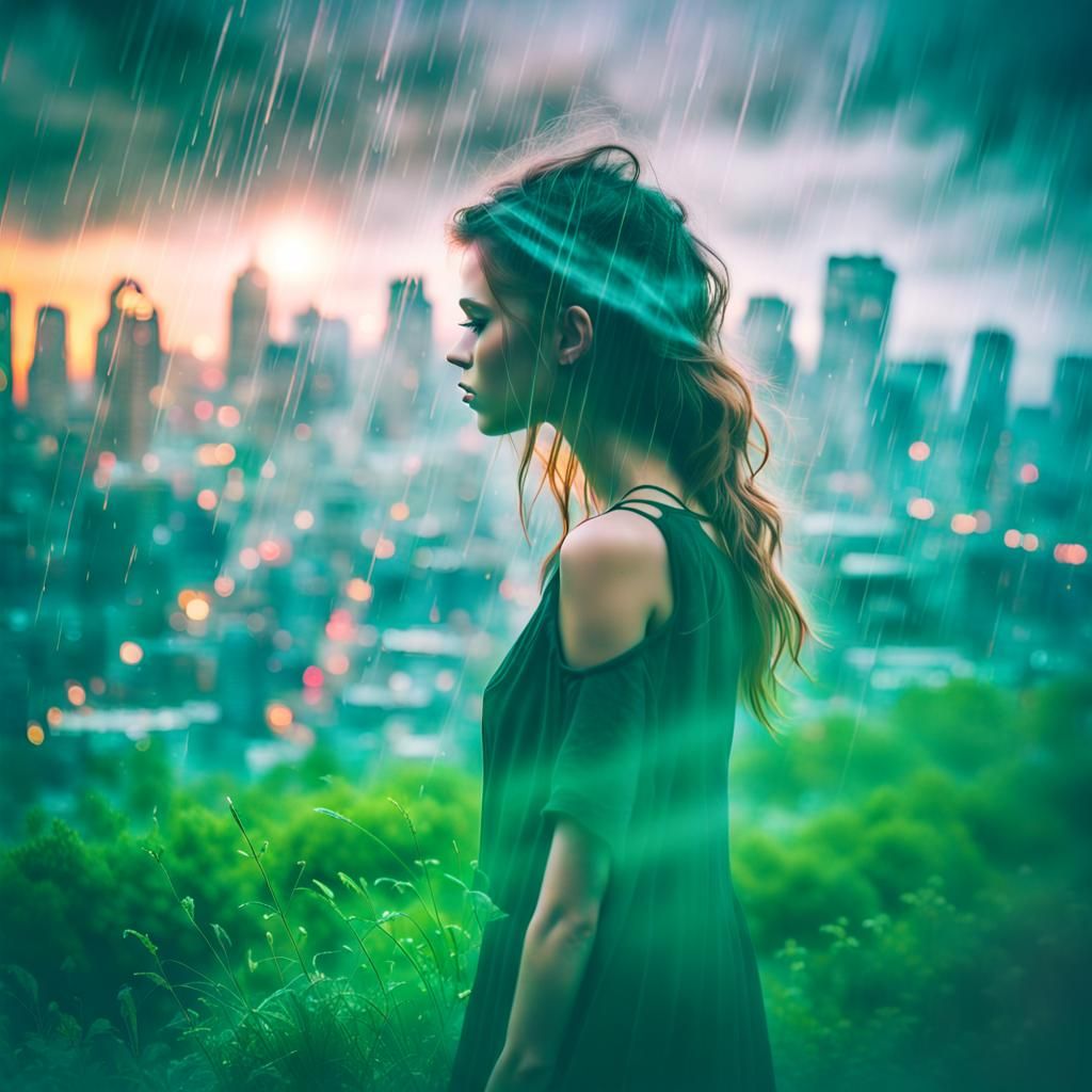 Ethereal Girl in Misty Cityscape Double Exposure