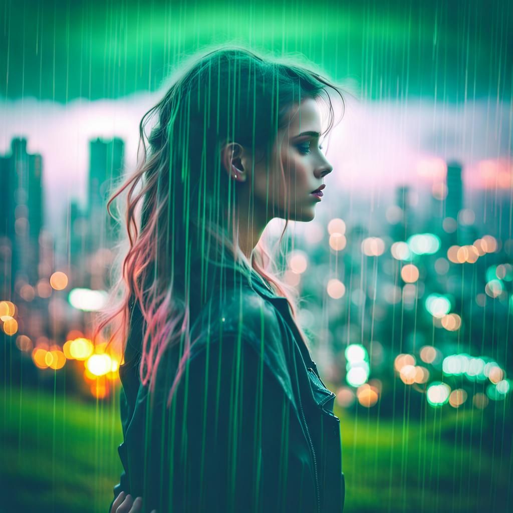 Ethereal Girl in Misty Cityscape Double Exposure