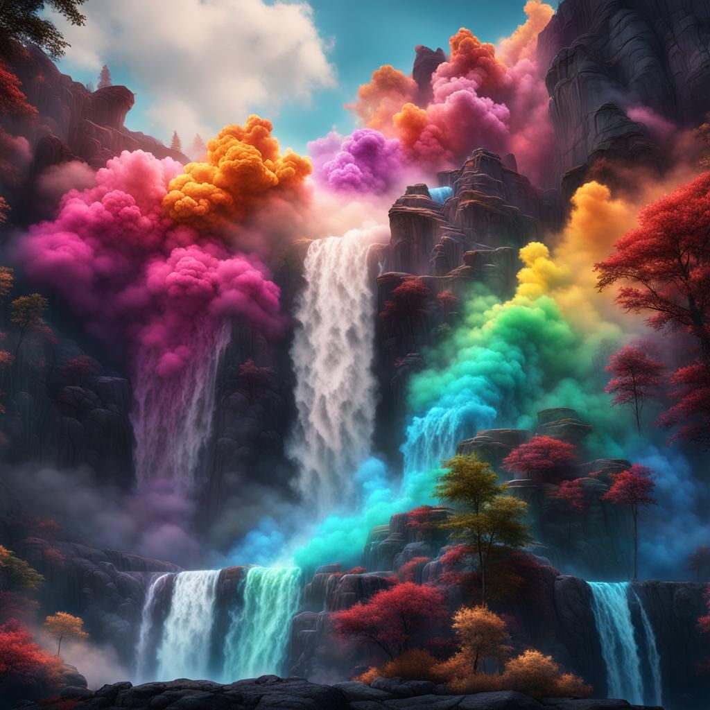 Colorful Smoke Waterfall: Fantasy Concept Art
