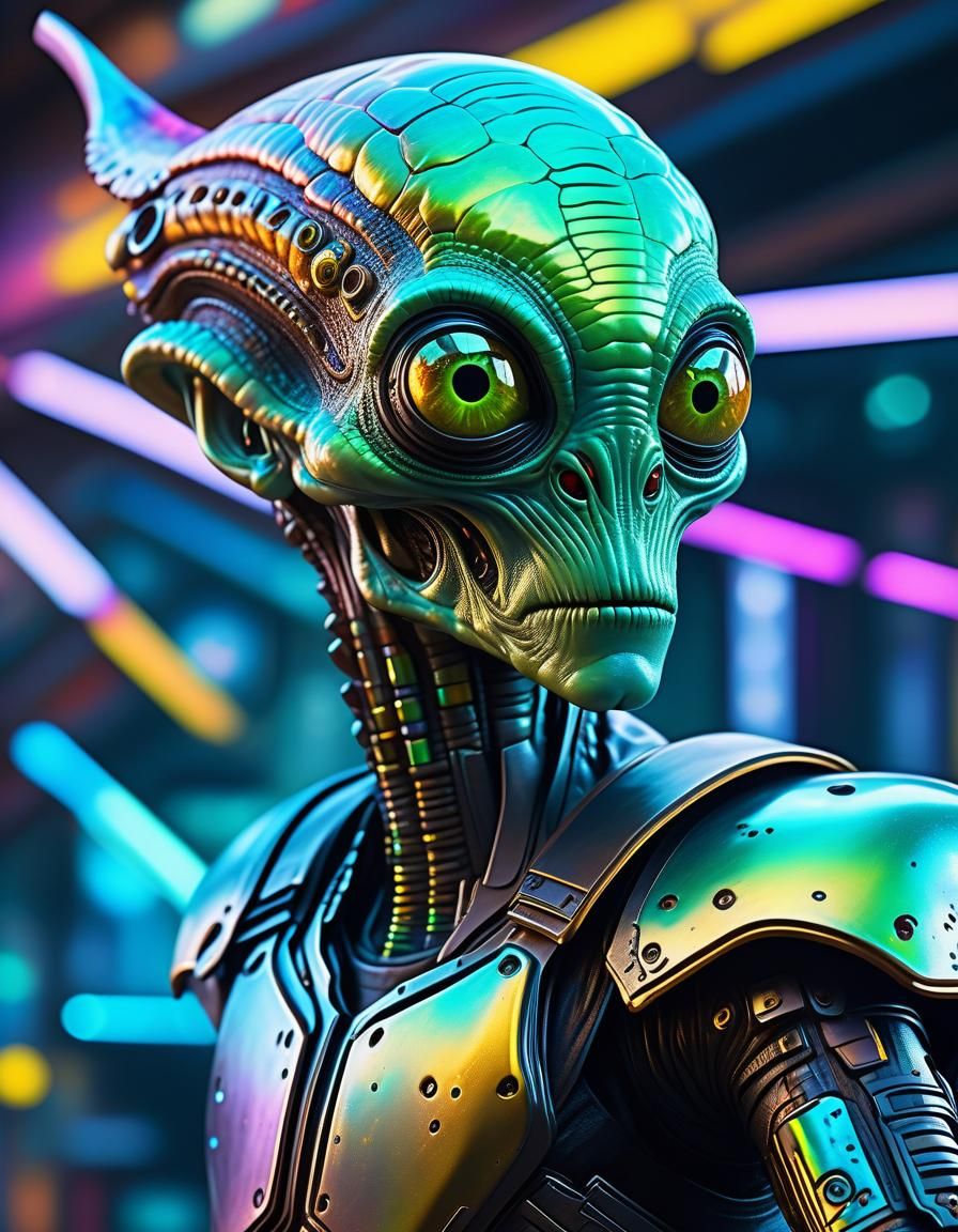 Futuristic Alien Warrior with Sword in Cyberpunk Style