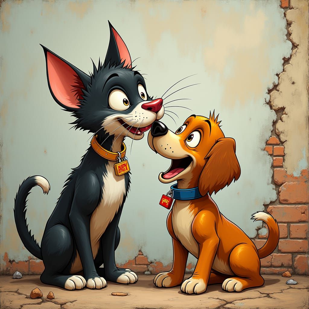 Cat and Dog Licking Wall in Playful Illustration