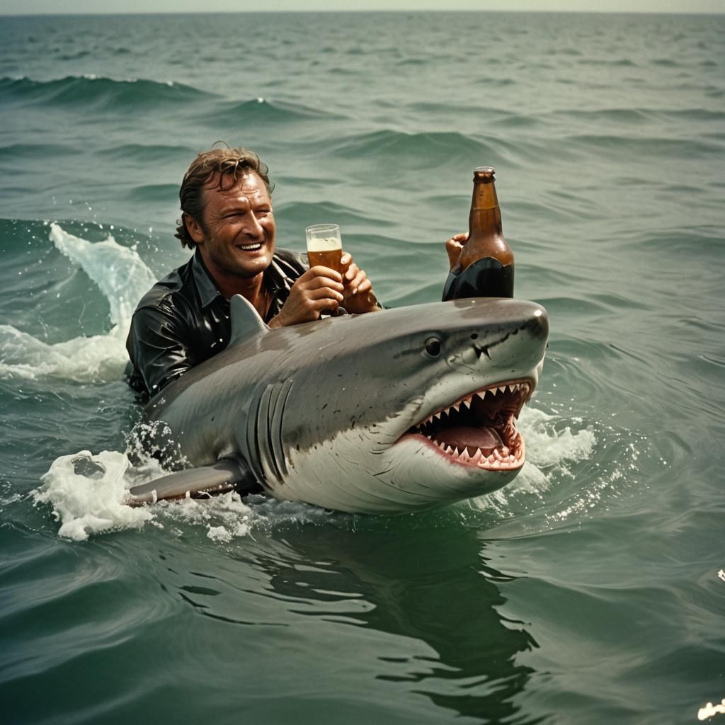 Man Rides Shark in Sunny Waters: Cinematic Film Still